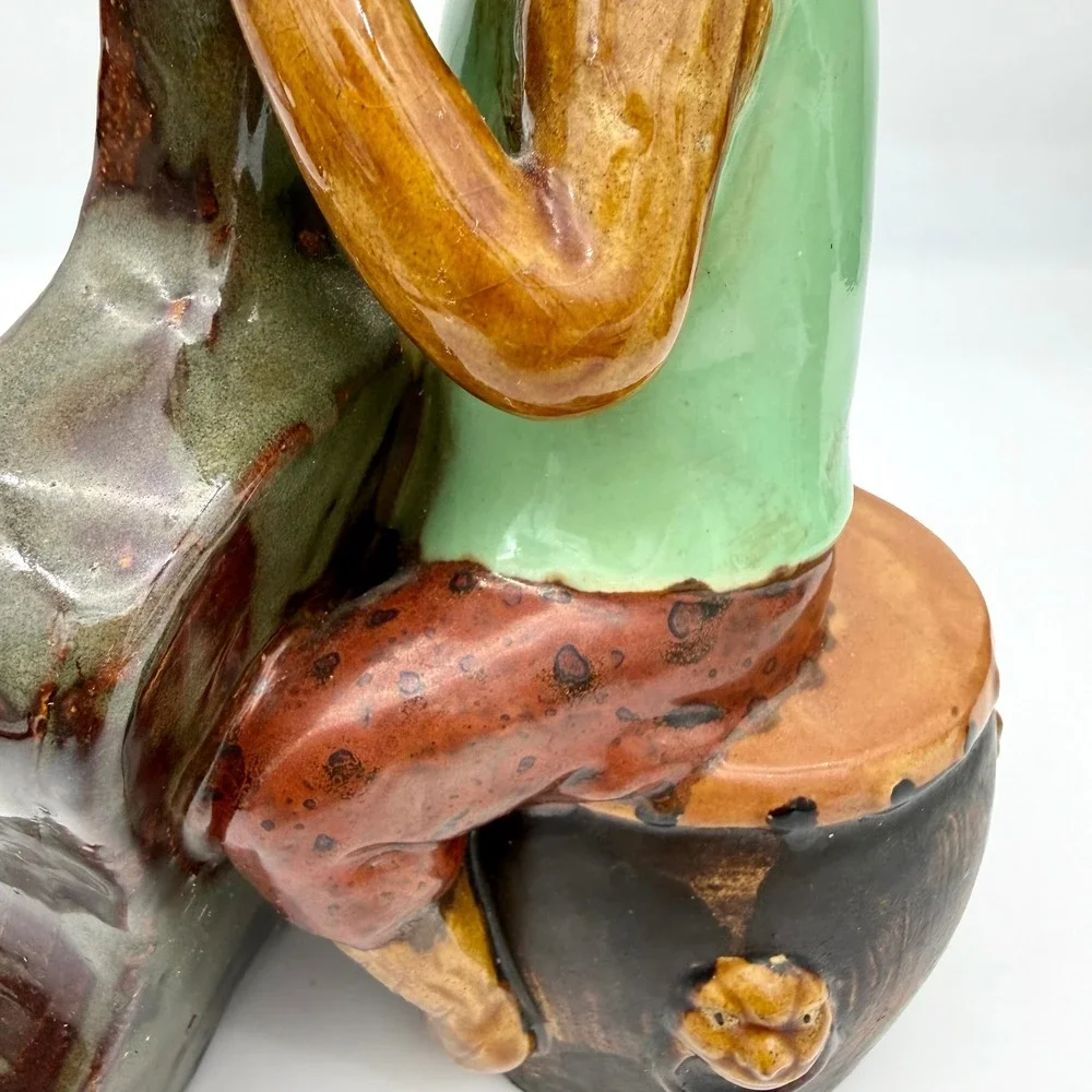 Majolica Style Ceramic Monkey Band Cellist Figurine Top Hat Drum Base